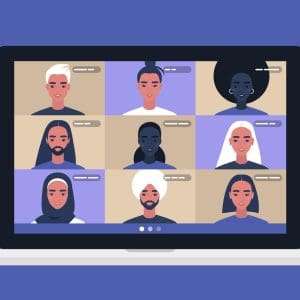 An illustration showing a group of six people in a video call displayed on a computer screen.