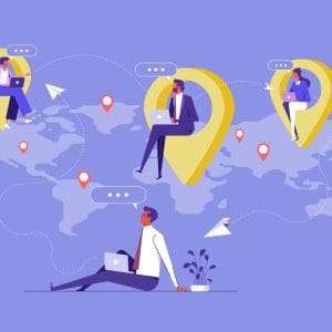 An illustration of four remote employees working from different parts of the world map.