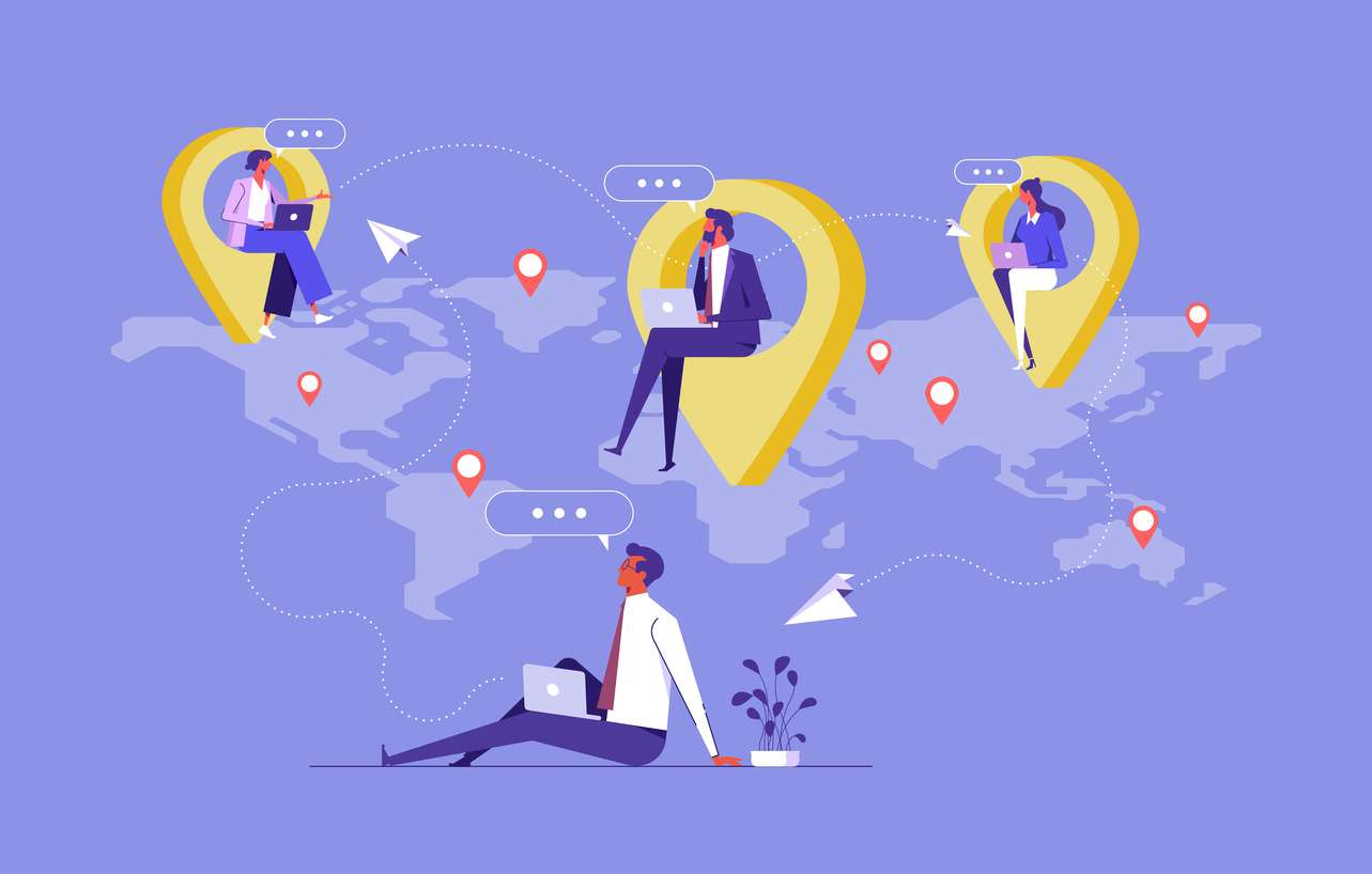 An illustration of four remote employees working from different parts of the world map.