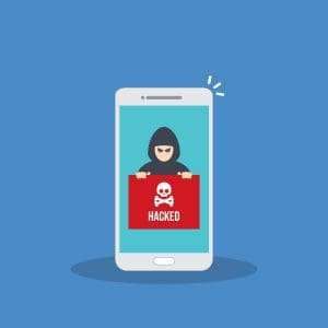 Hacker malware notification on mobile phone Smartphone with hacker alert spam data on cellphone fraud error message scam virus Flat vector illustration • BrightR A vector art of a phone that is hacked