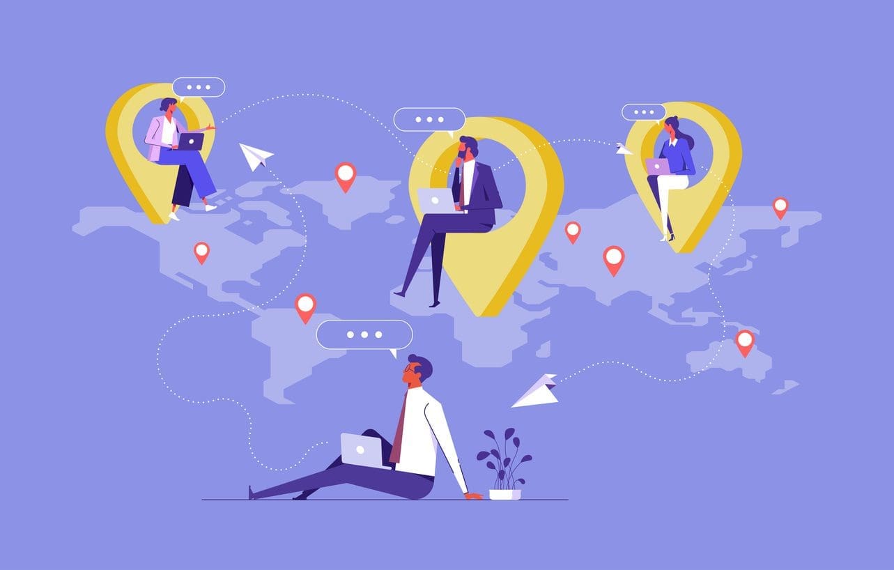 An illustration of four remote employees working from different parts of the world map.