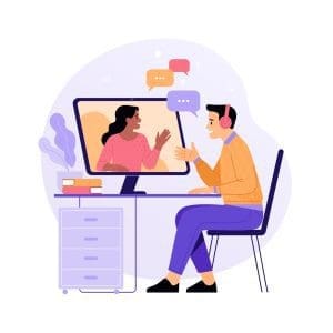 An illustration of two remote employees chatting with each other through a computer.