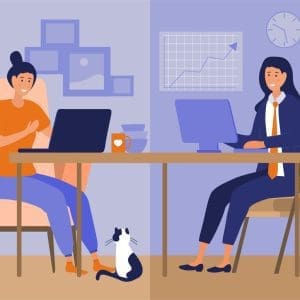 An illustration of two remote employees wearing different attires and working in different setups. One woman is working in her dining room while the other woman is in an office-like room.