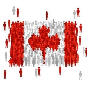 An illustration of Canadian citizens within their flag