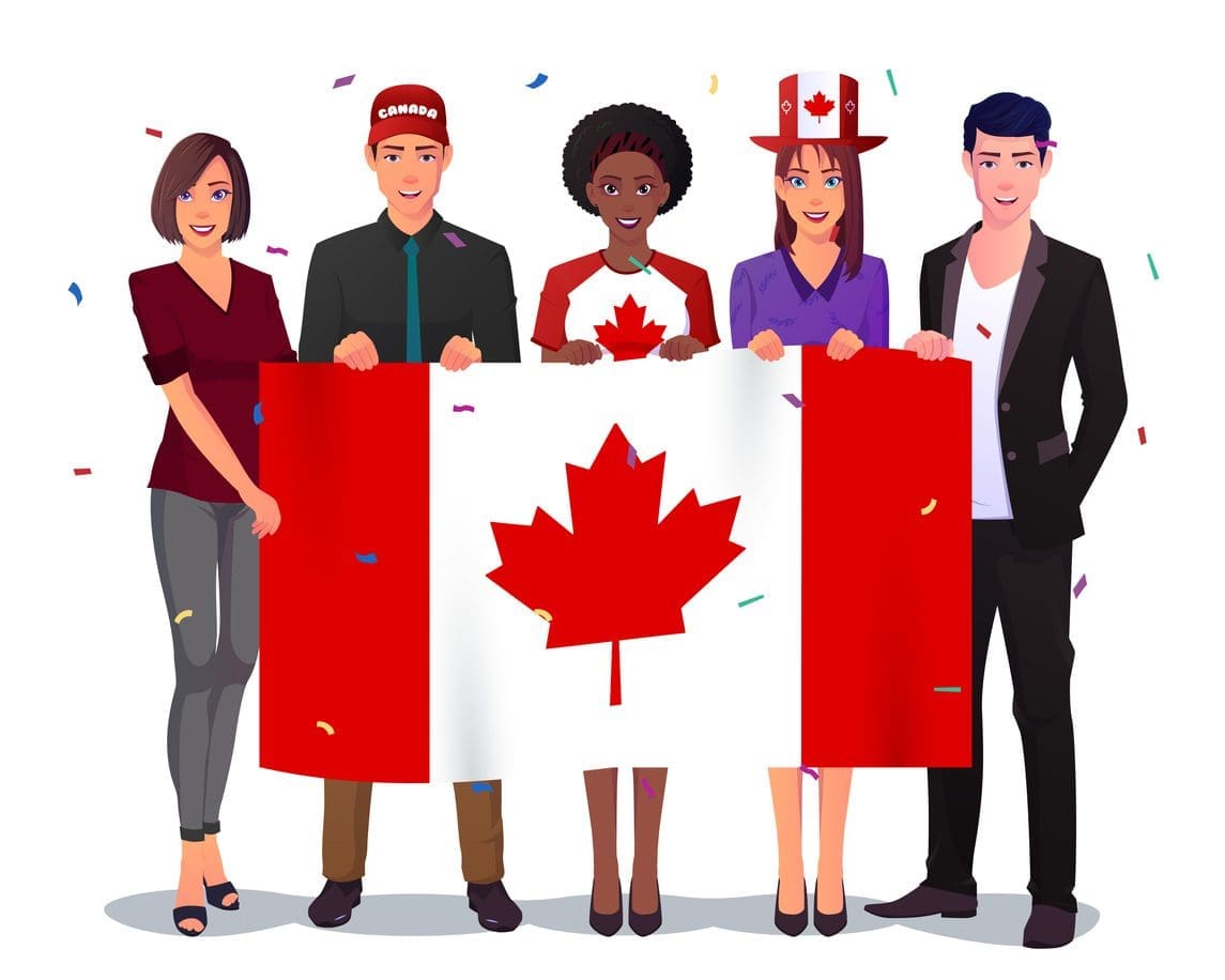 Different Canadian citizens holding the Canada flag