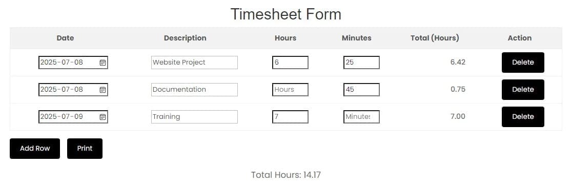 Example of a partially completed time sheet form